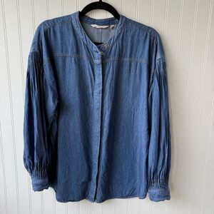 Soft Surroundings Denim Chambray Blouse Balloon Sleeve linen blend Top Large